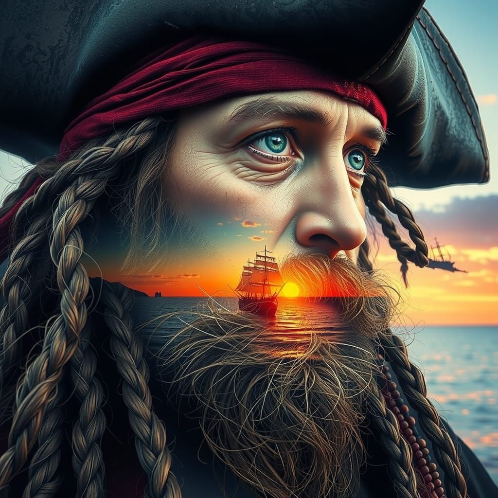 Pirate Double Exposure with Seascapes in Hyperrealism