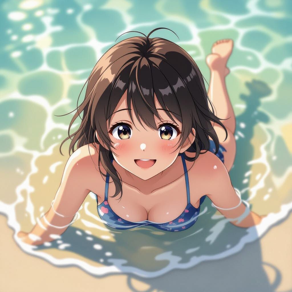 Anime Girl on Beach with Playful Smile