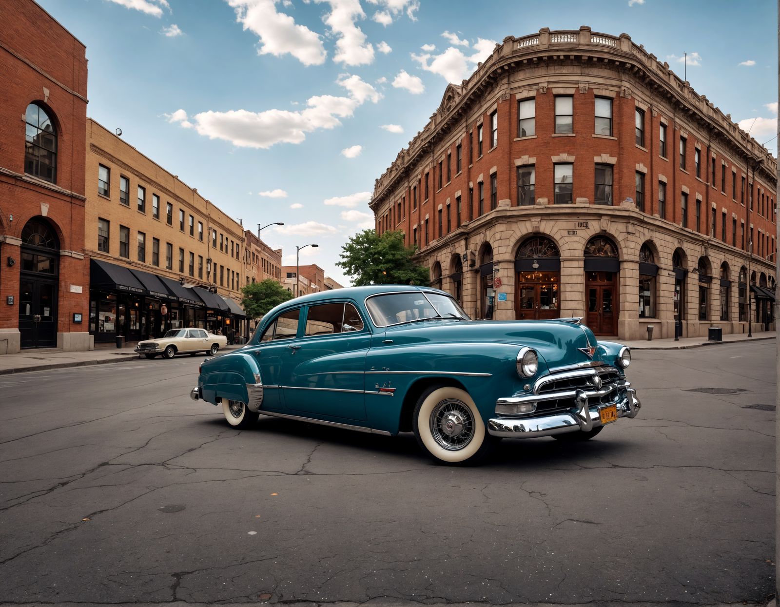 Vintage Car Downtown Scene in Hyperrealistic Style