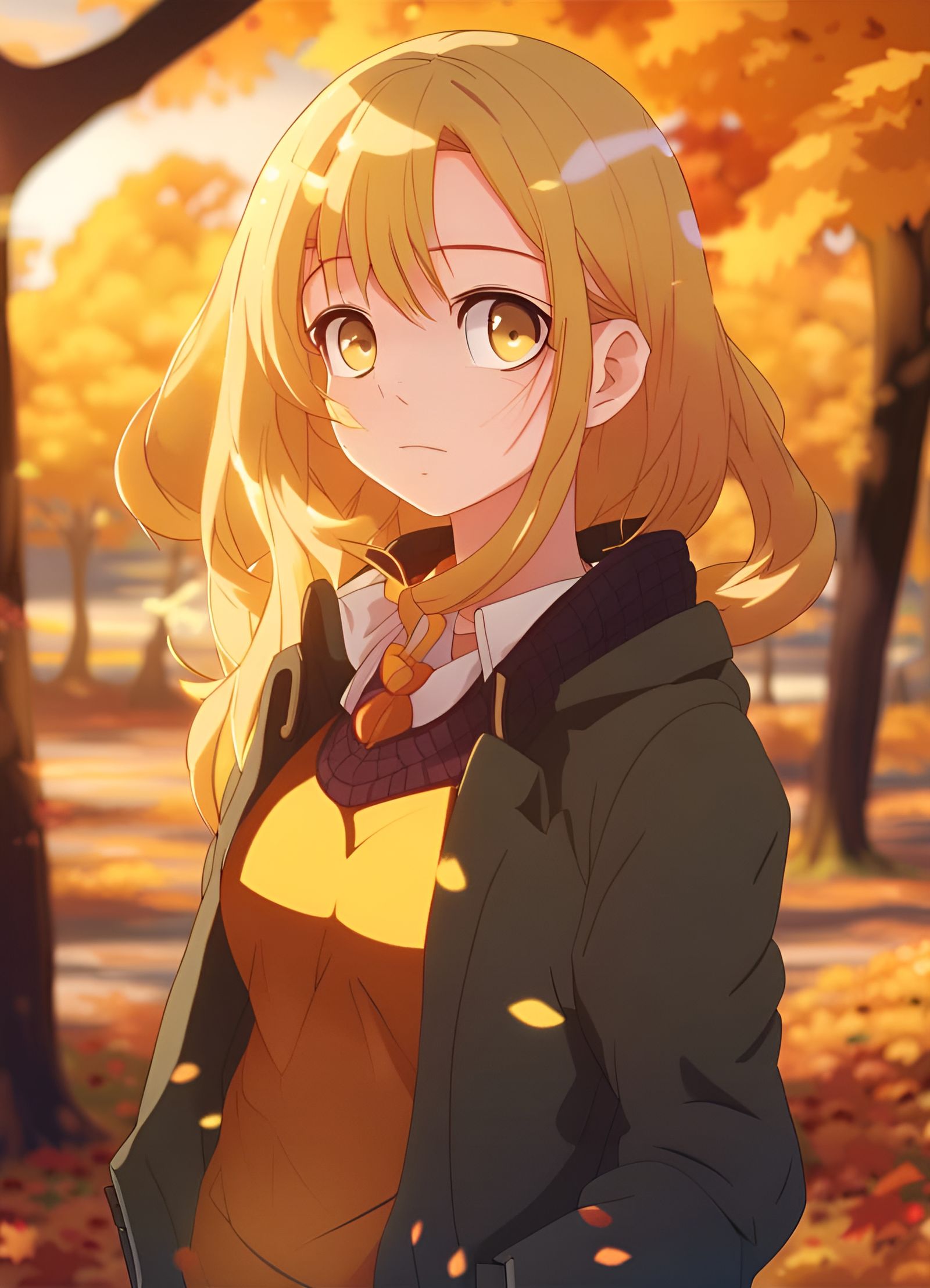 Girl with Yellow Hair in Autumn, Anime Style
