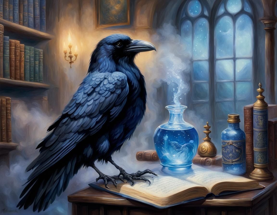 Ravenclaw Student with Raven Familiar in Ethereal Style