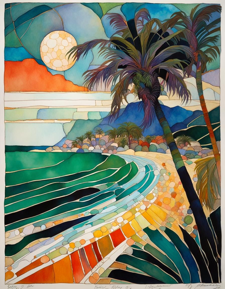 Palm Tree Art Nouveau Watercolour Painting