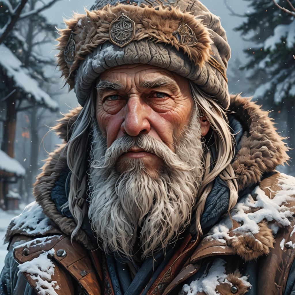 Fantasy Portrait of Bearded Old Man in Winter Furs