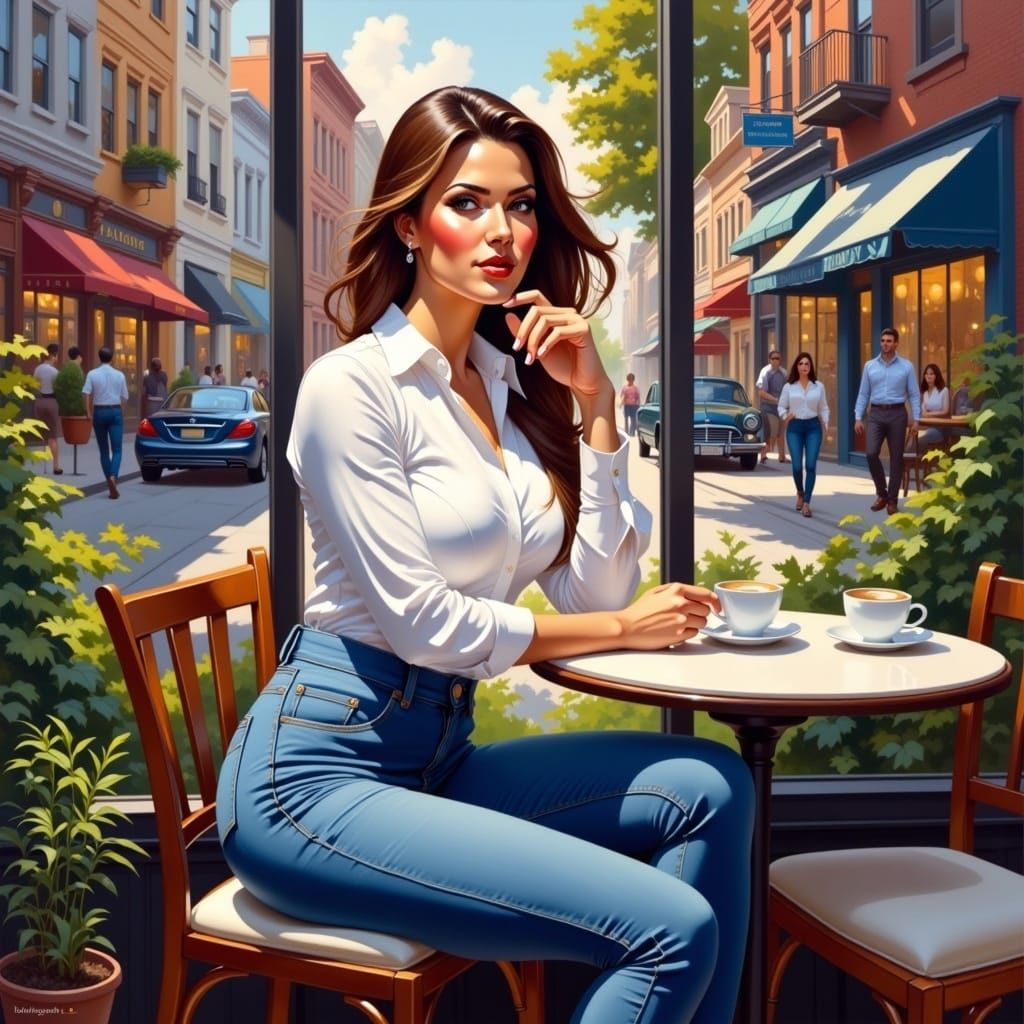 Curvy Woman Enjoying Coffee in a Cozy Urban Café