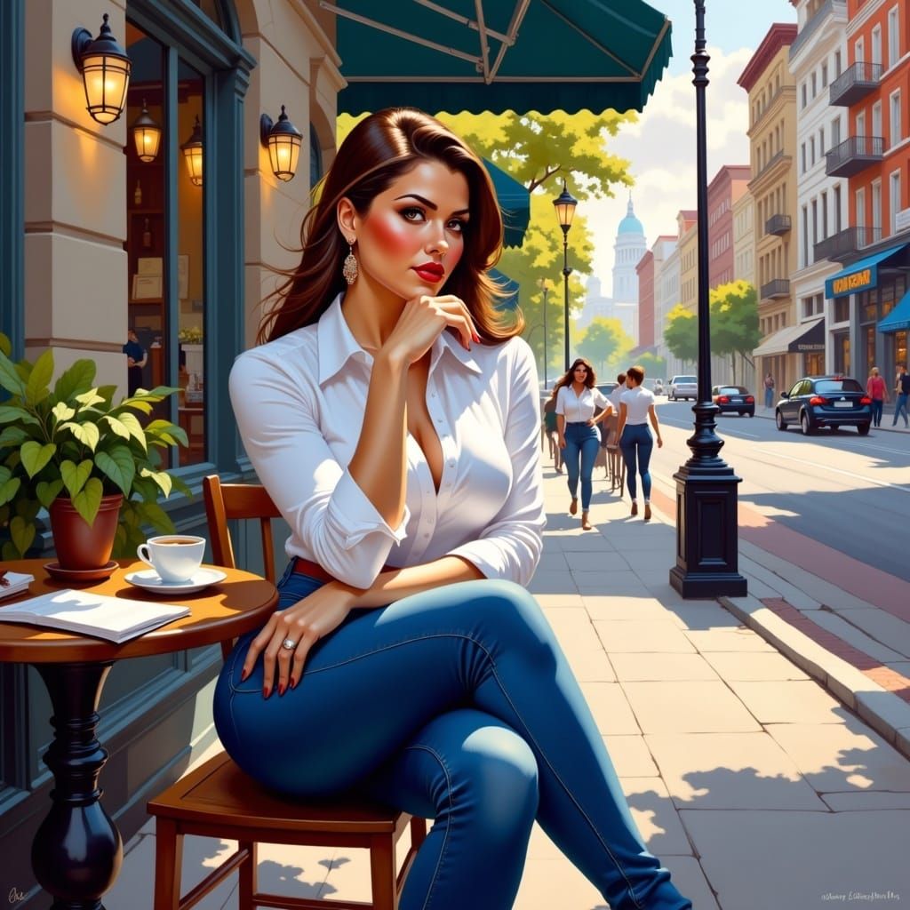 Sensual Café Scene in Whimsical Urban Setting