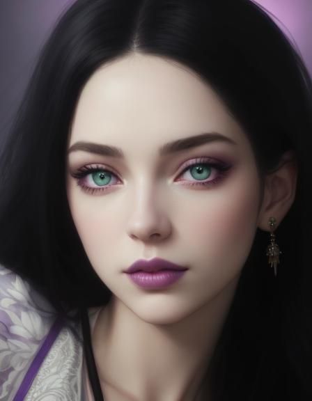 Ethereal beauty with black hair and green eyes and a very be...