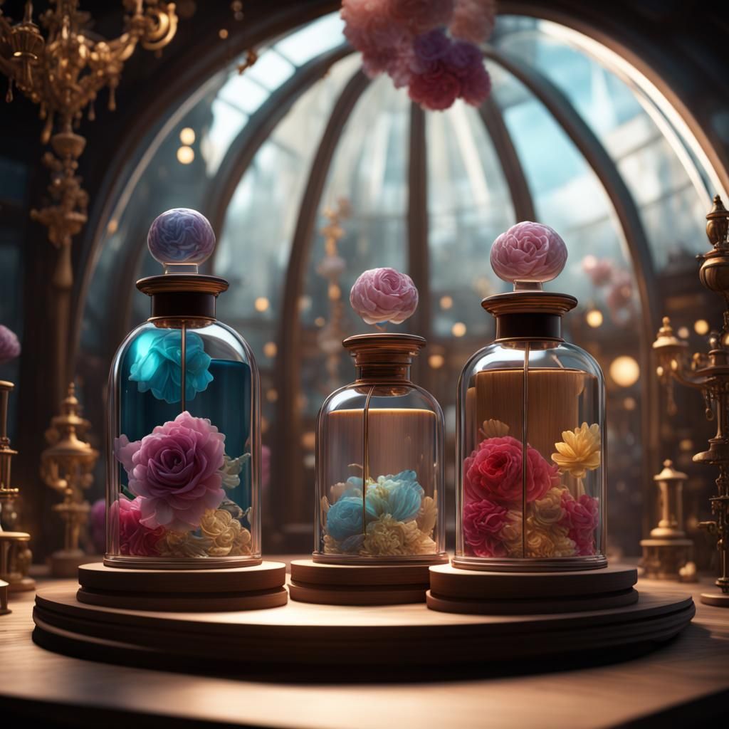 Perfume Bottles Displayed in Glass Dome: Fantasy Concept Art