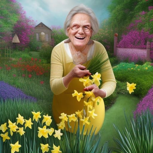 Playful Elderly Woman in a Daffodil Garden