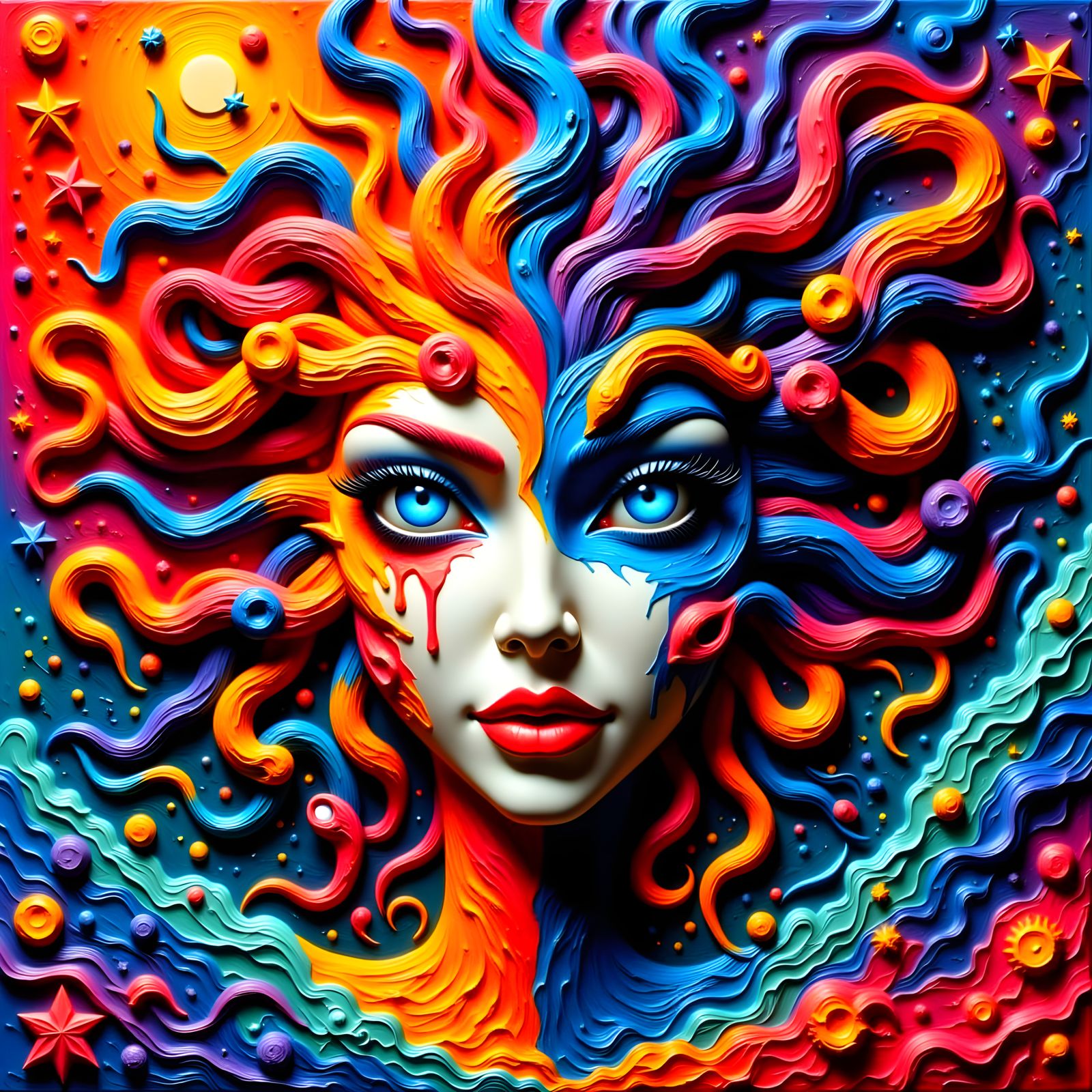 Distorted Goddess of Chaos in Vibrant Impasto Art