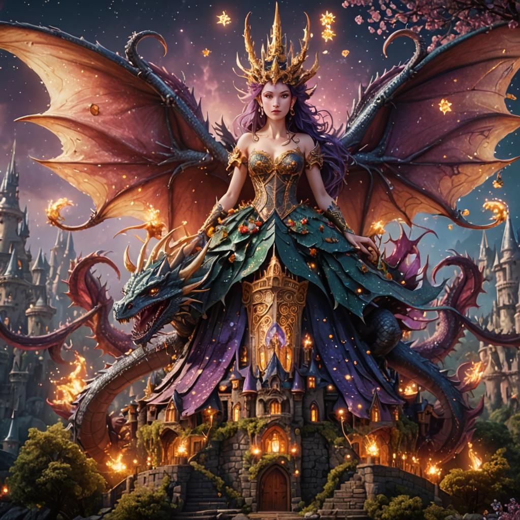 Fairy Medieval Castle with Dragon in Matte Painting Style