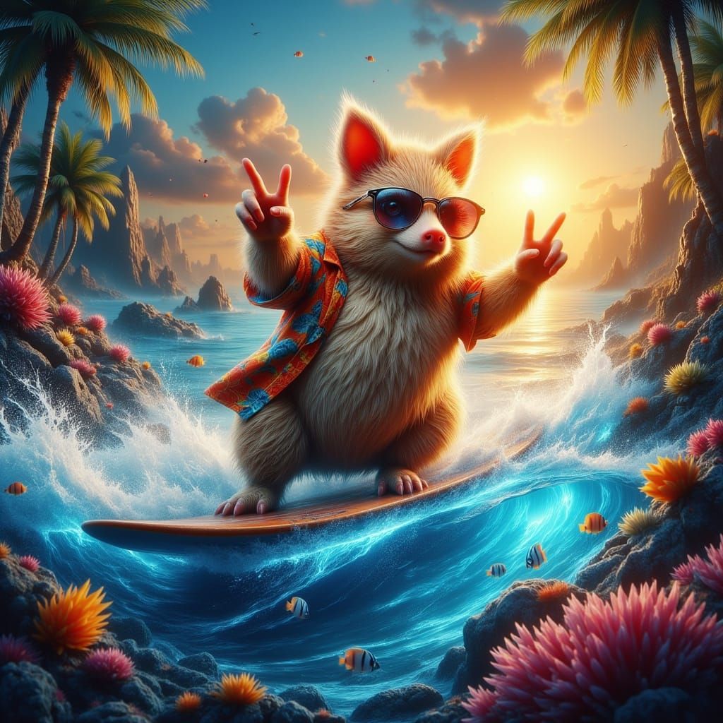Surfing Pigon Gives Peace Sign at Sunset