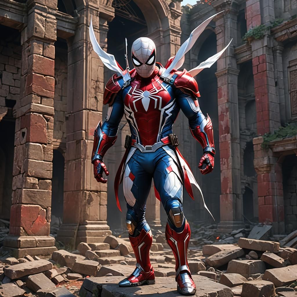 Spider-Man in Armored Masquerade Costume in Ancient Ruins