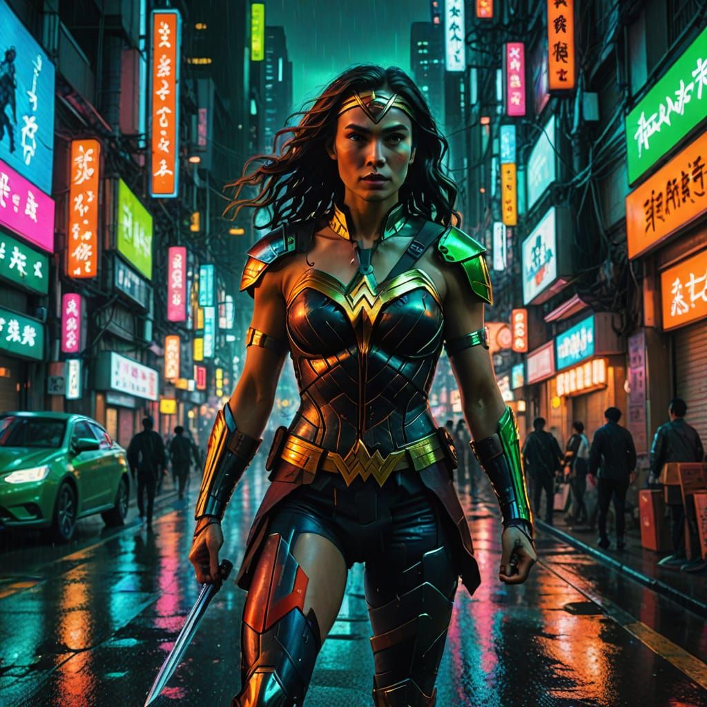 Cyberpunk Wonder Woman in Neon Tokyo