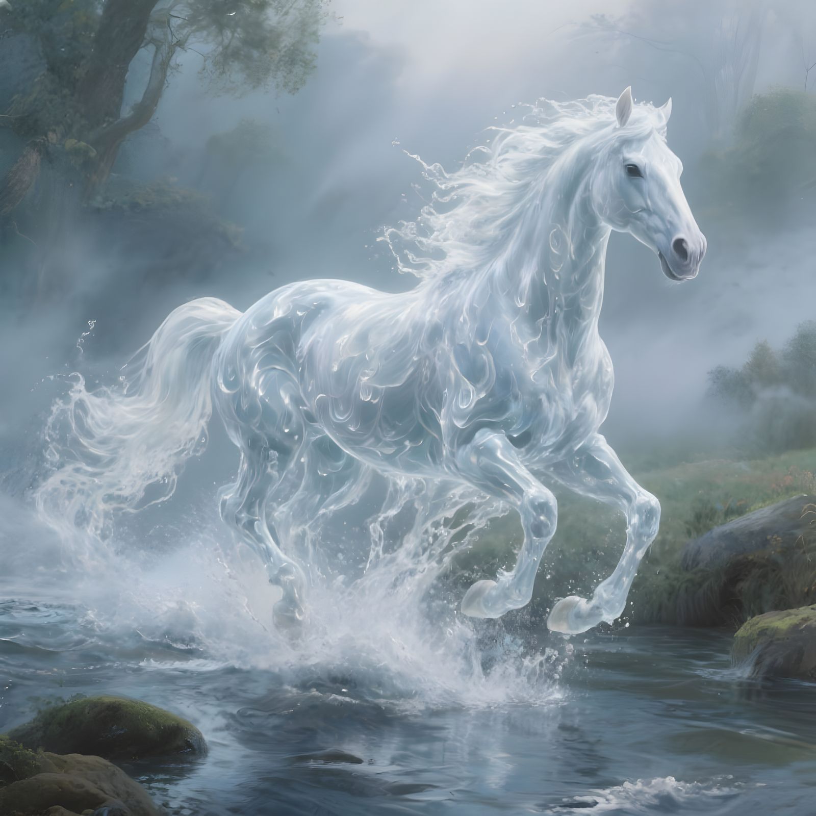 Ethereal Water Horse Galloping Through Misty Stream