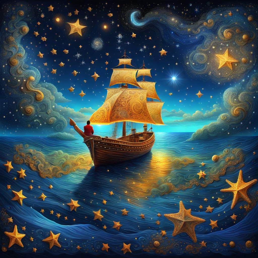 Vast Ocean and Starry Sky: Surreal Airbrush Art