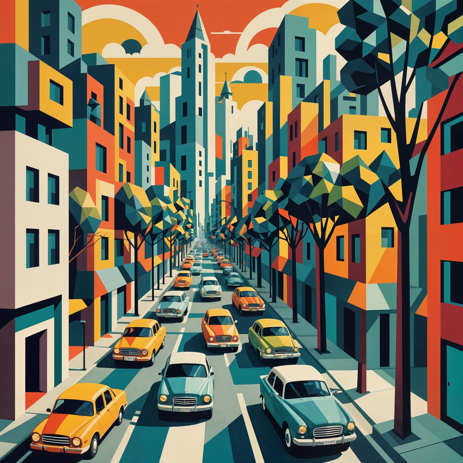 Cubist City Street Scene with Geometric Shapes