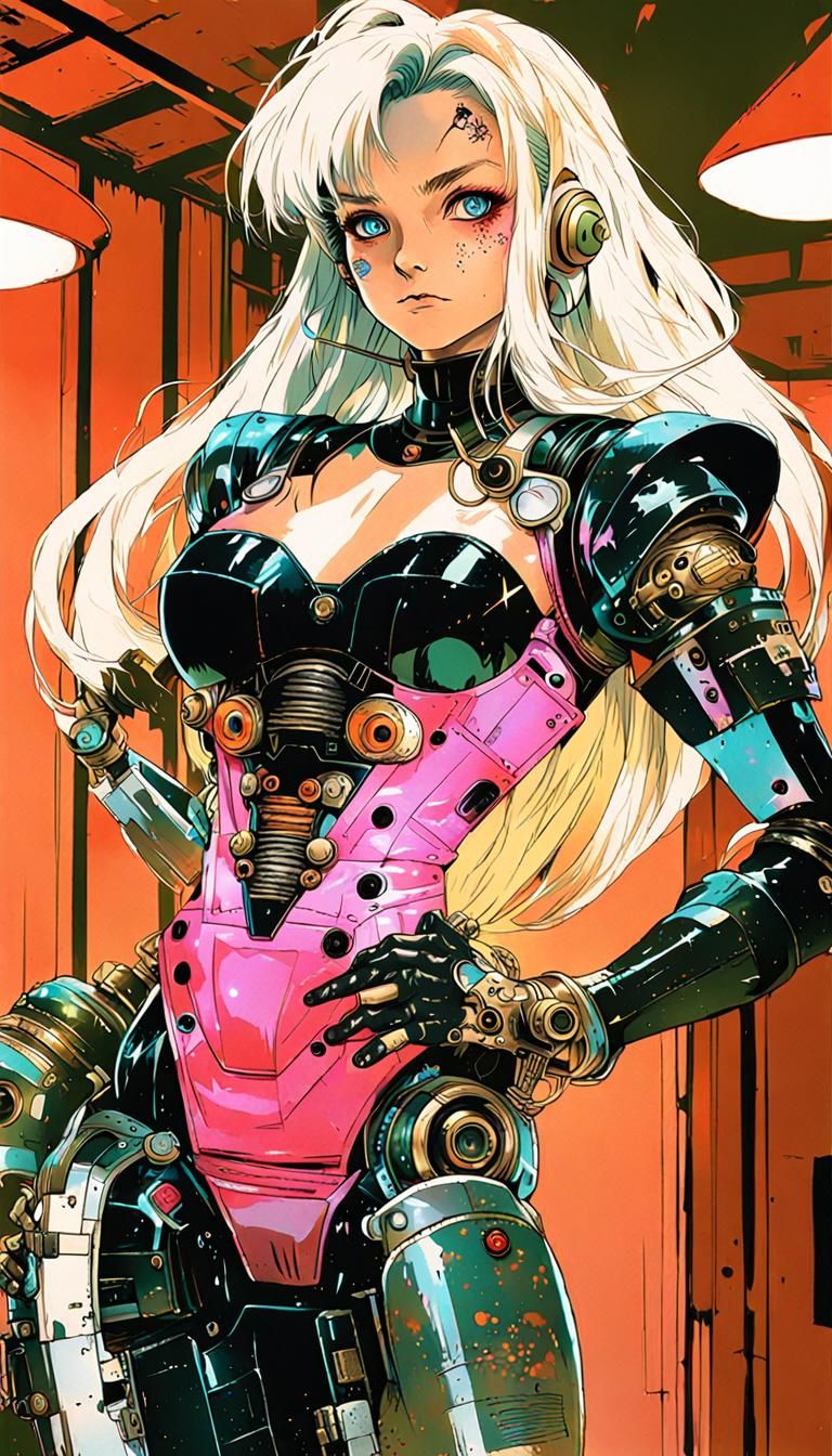 Retropunk Android Alice in Wonderland in Anime Style