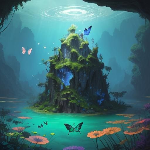 Butterfly in Lush Cave as Fantasy Art