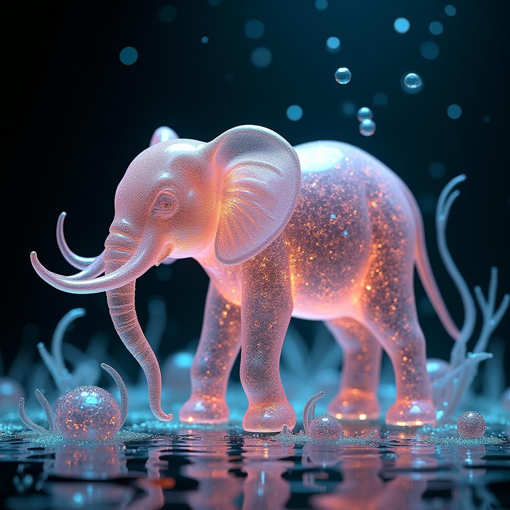 Vermillion Glass Elephant Sculpture in Bioluminescent Sea