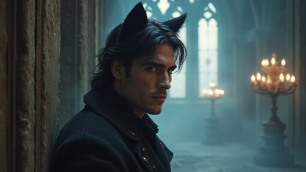 Gothic Man with Cat Ears in Mystical Setting