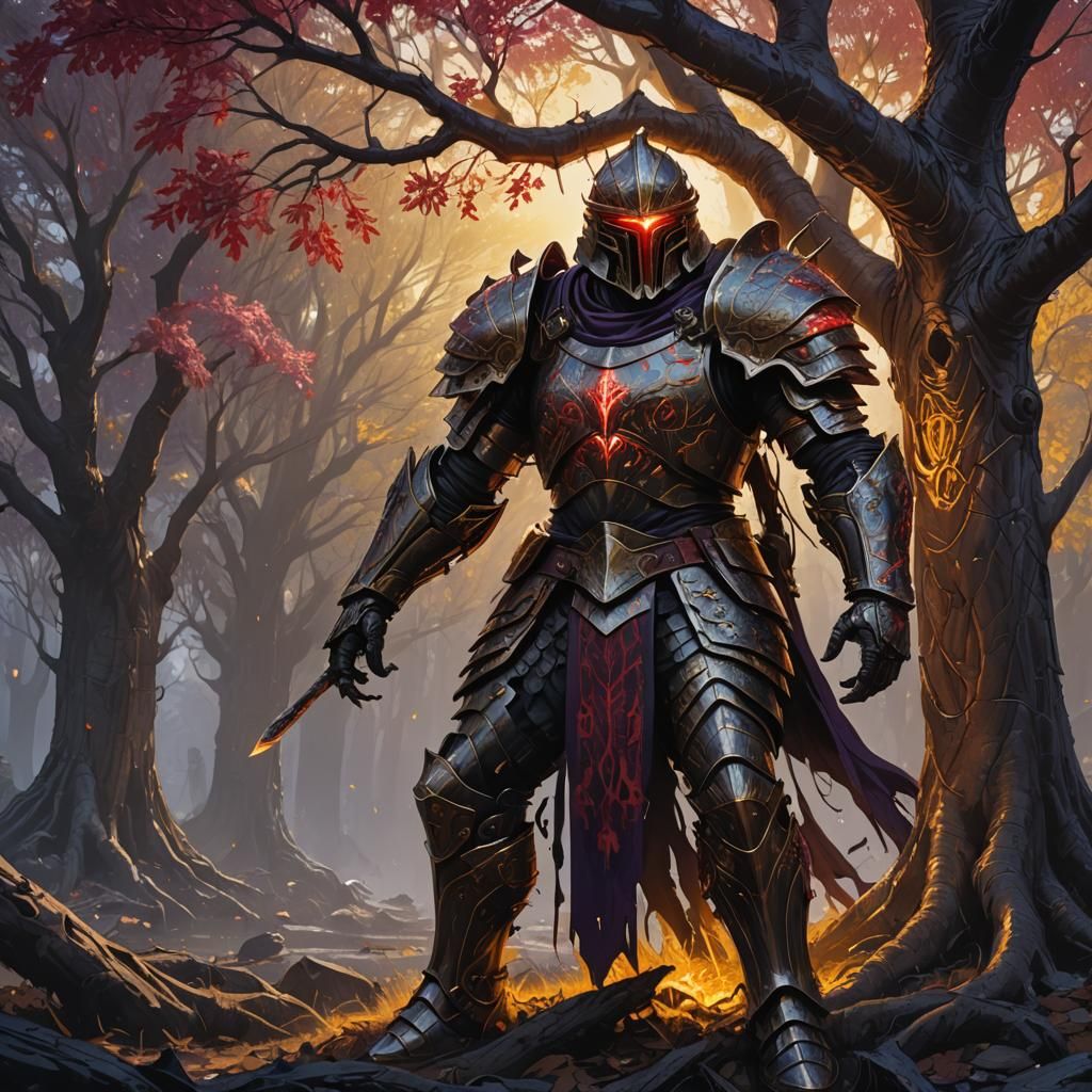 Damascus Armor with Glowing Red Tree, Fantasy Art