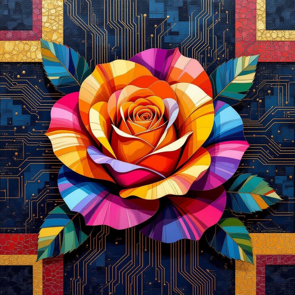 Geometric Roses with Motherboard Circuitry in Maximalist Sty...