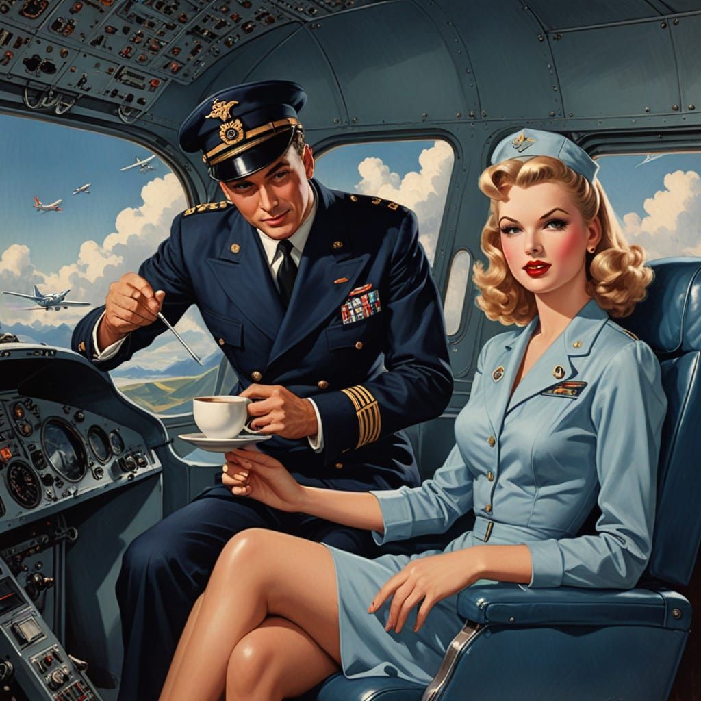 Retro 1950s Air Stewardess Flies Plane, Serves Coffee
