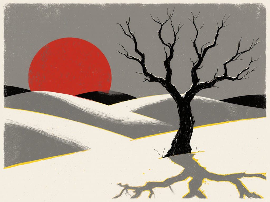 Minimalist Cinematic Landscape at Sunset in Impasto Style