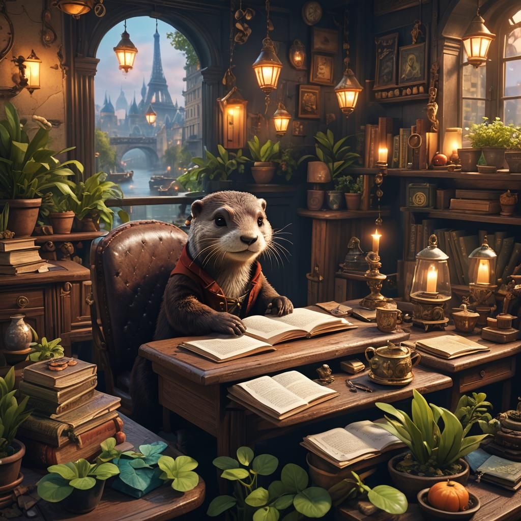 Cute Otter Grandma Writing Stories in Paris