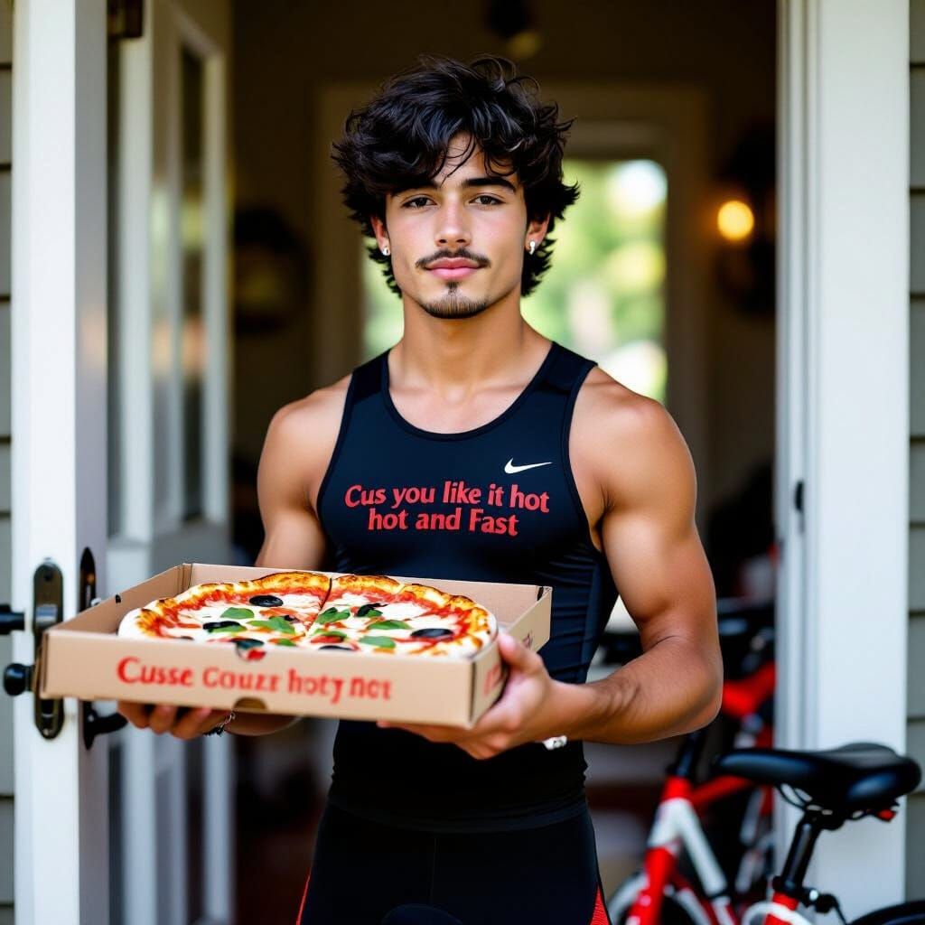 Muscular Youth Delivers Pizza in Suburbia: Photorealistic St...