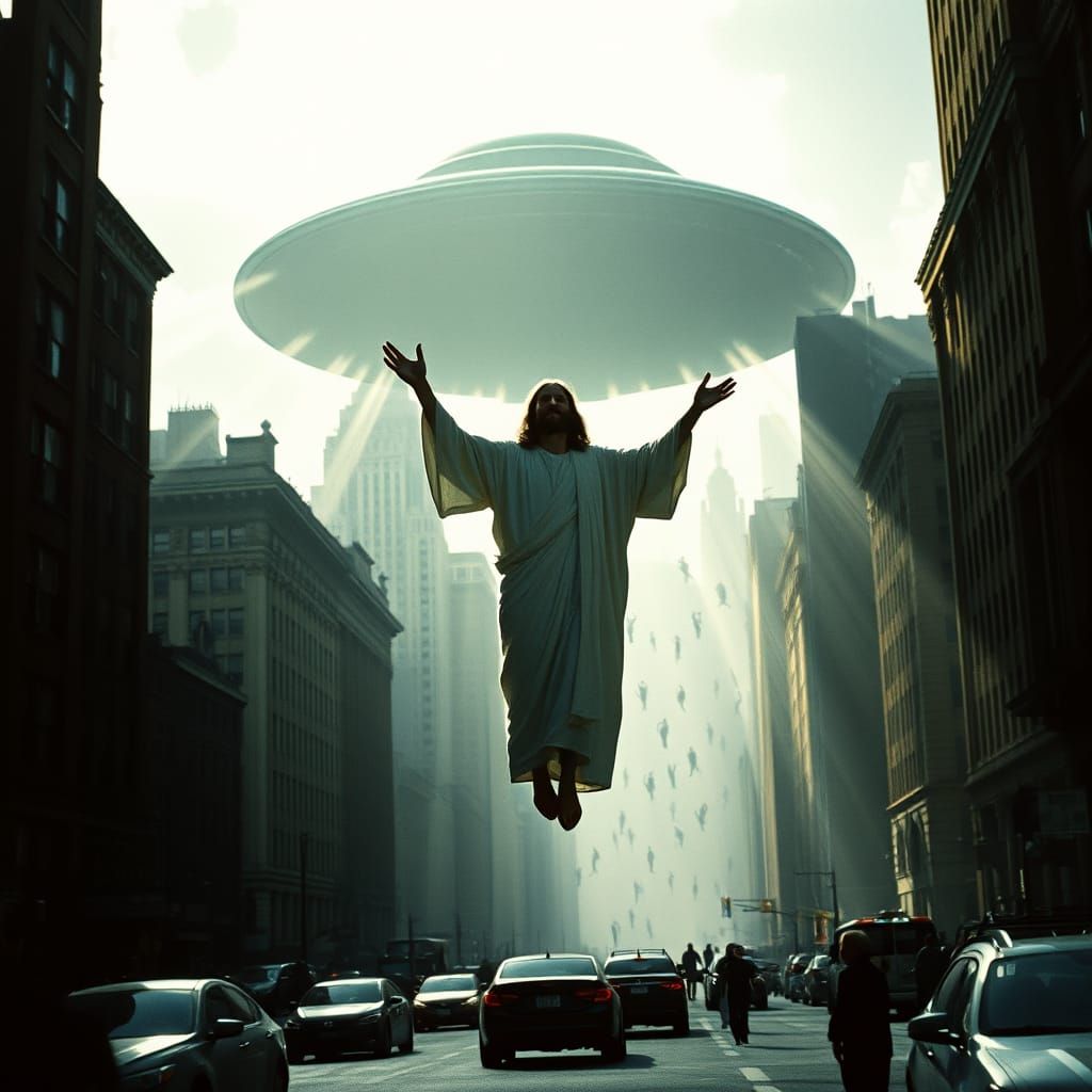 Surreal Jesus Ascension in a UFO-Inspired Cinematic Scene