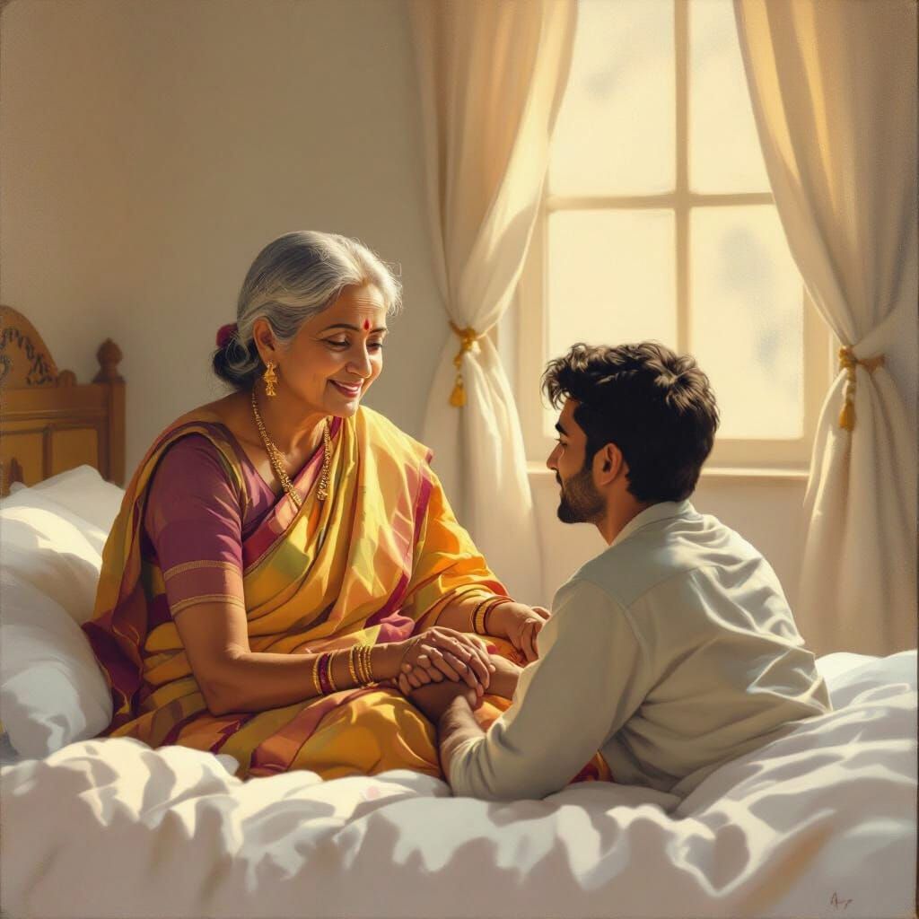 Elderly Indian Woman and Young Man on Bed in Soft Light