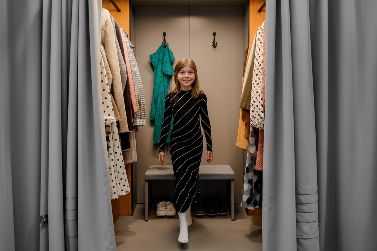 Young Girl Exits Clothing Store Fitting Room in Style