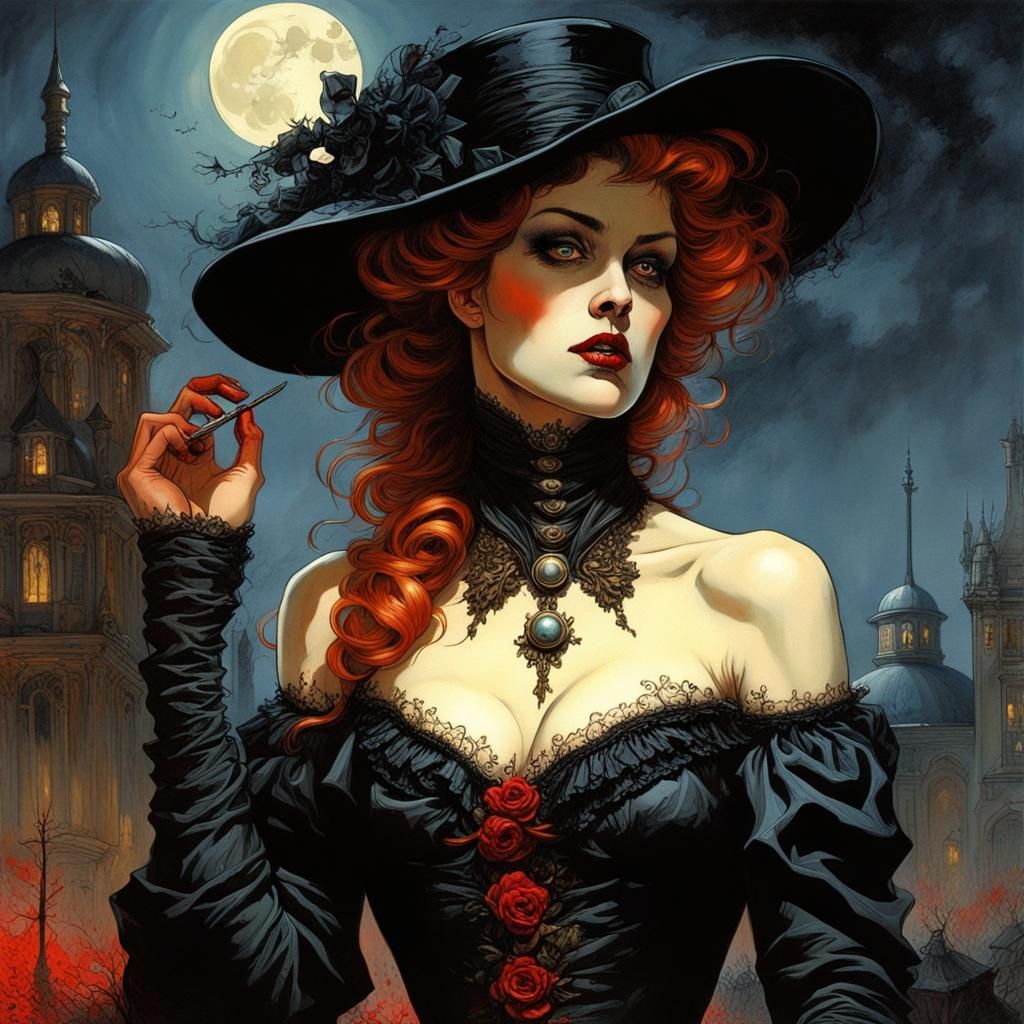 Beautiful Victorian Villainess in Oil on Canvas