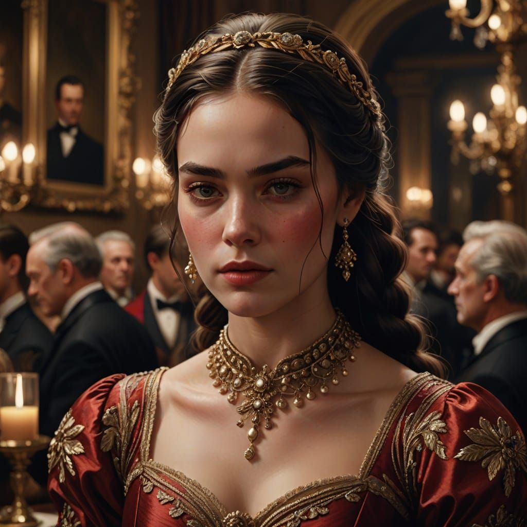 Beautiful Woman in Red Dress at Masquerade Ball