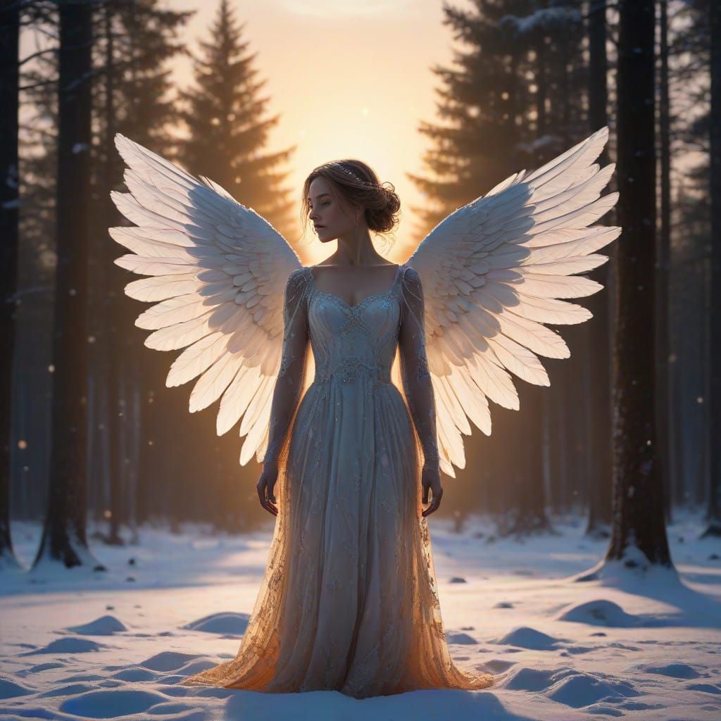 Powerful Female Angel Silhouette in Vibrant Winter Wonderlan...