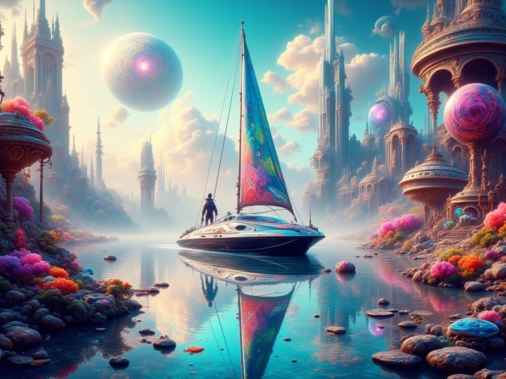 Astronaut Sailing on Exoplanet in Rococo Neon Style