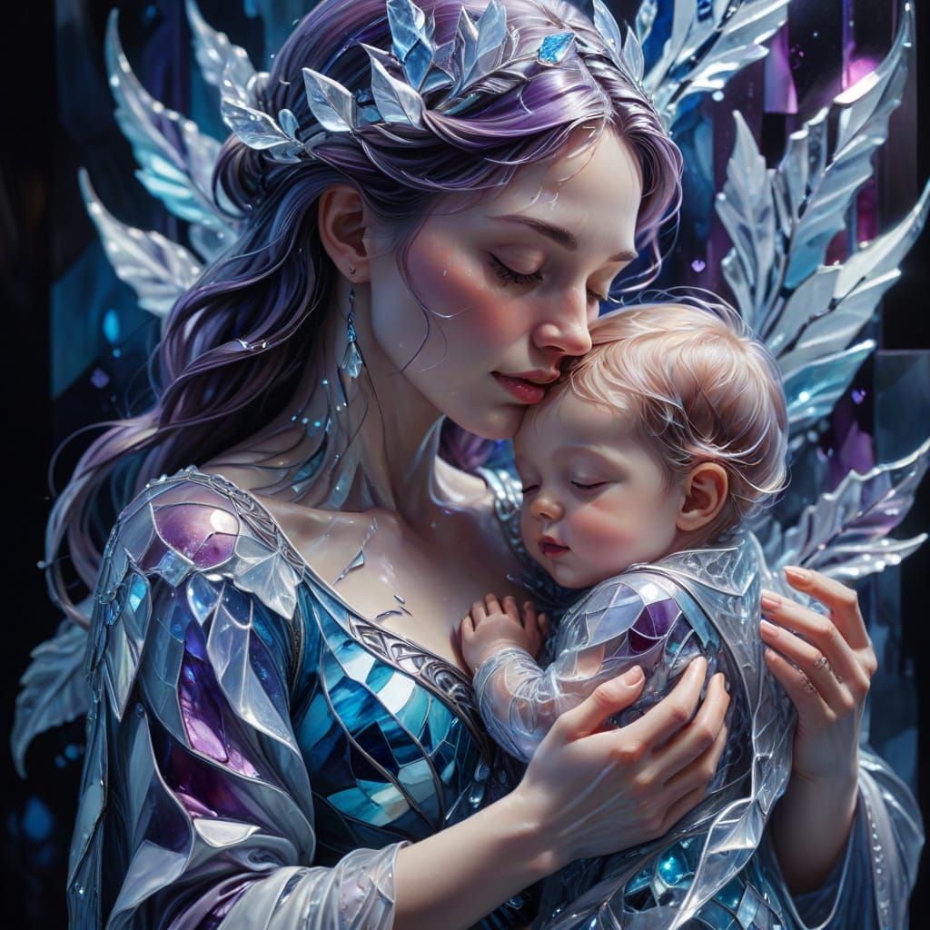 Mother and Child of Ice in Stained Glass Style