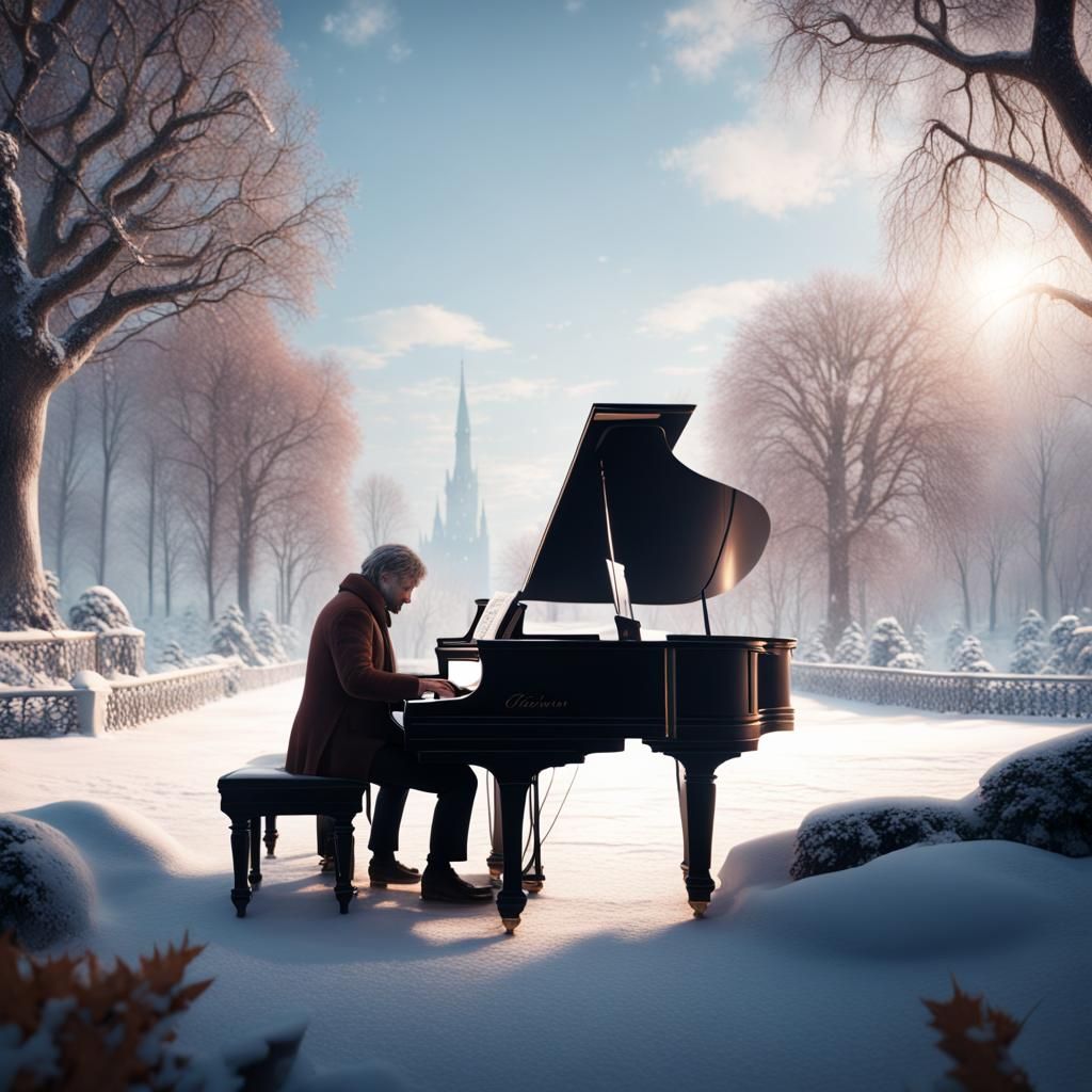 Piano Music in Snowy Park: Detailed Matte Painting