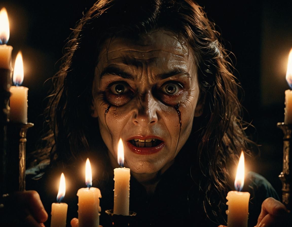 Terrified Face Lit by Candlelight in Cinematic Horror Style