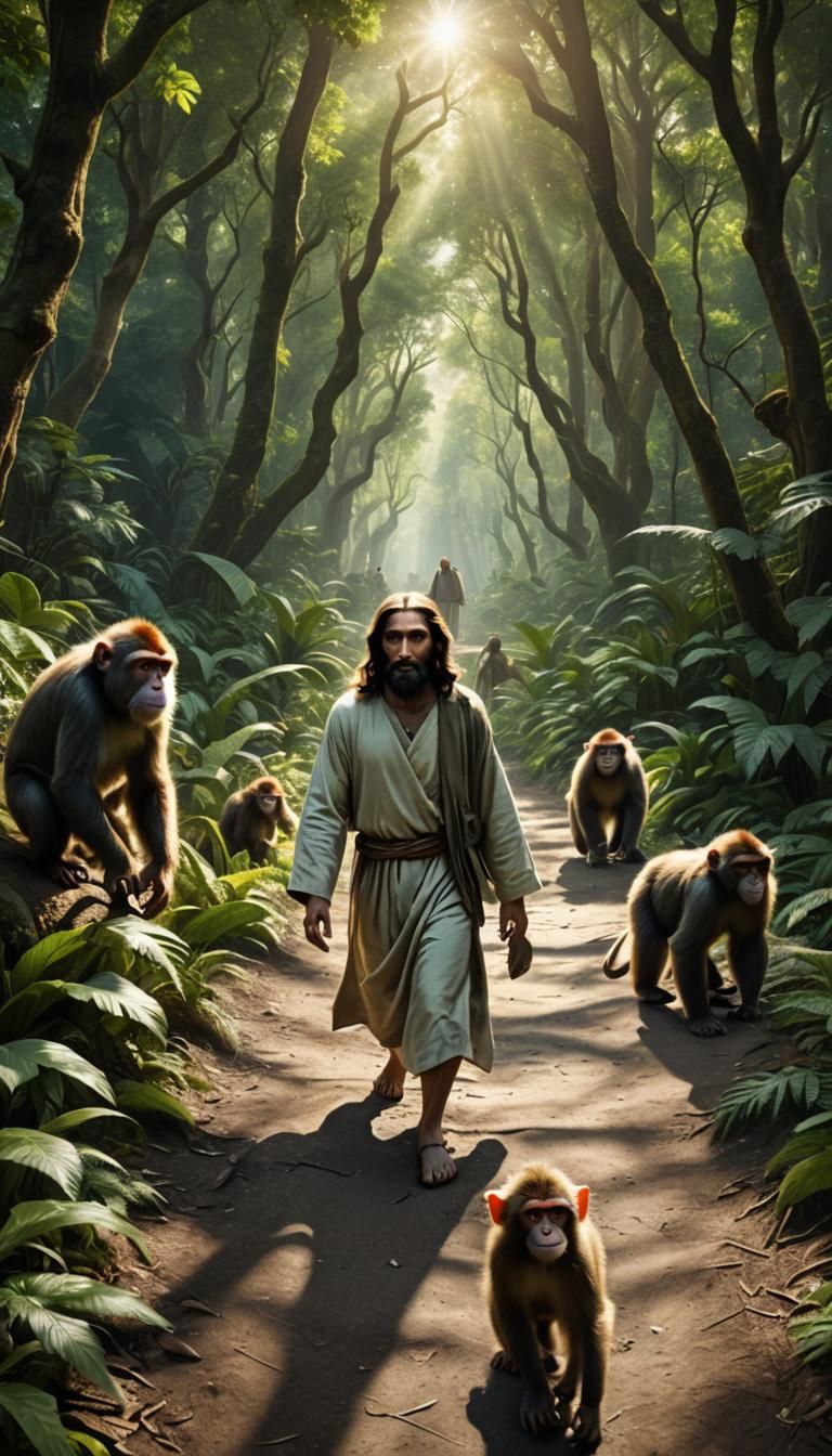 Jesus Walks in Monkey Forest: Photorealistic Digital Art
