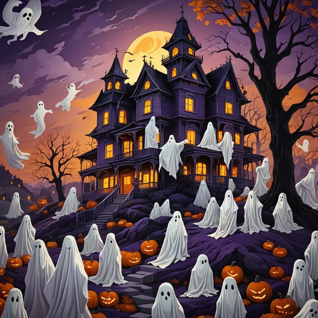 Haunted House Surrounded by Sheet Ghosts on Halloween
