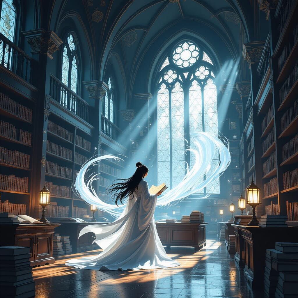 Ethereal Librarian in Ancient Library, Sumi-e Style