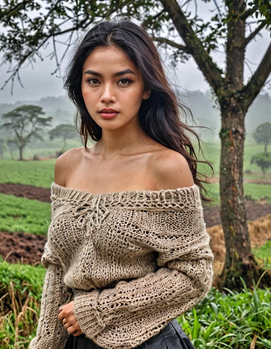 Misty Morning in Java with Young Woman