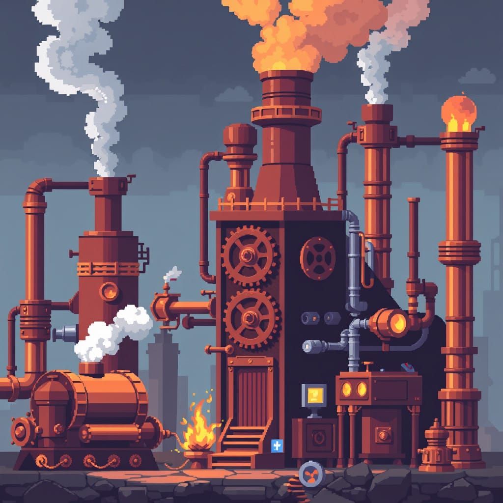 pixel art steampunk factory with gears, pipes and steam