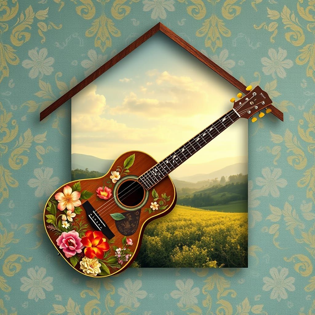 Floral Guitar in House Frame with Landscape