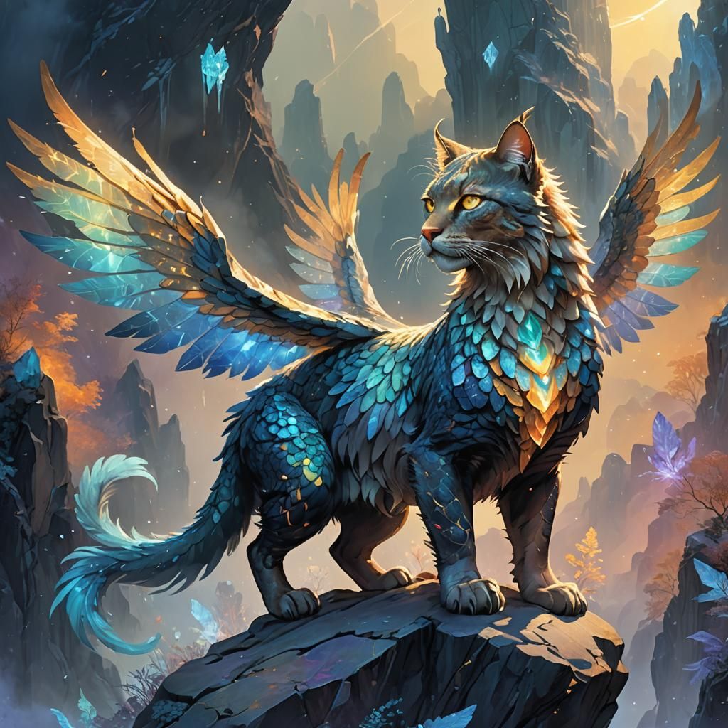 Fantasy Feline and Ursid on Crystalline Outcrop