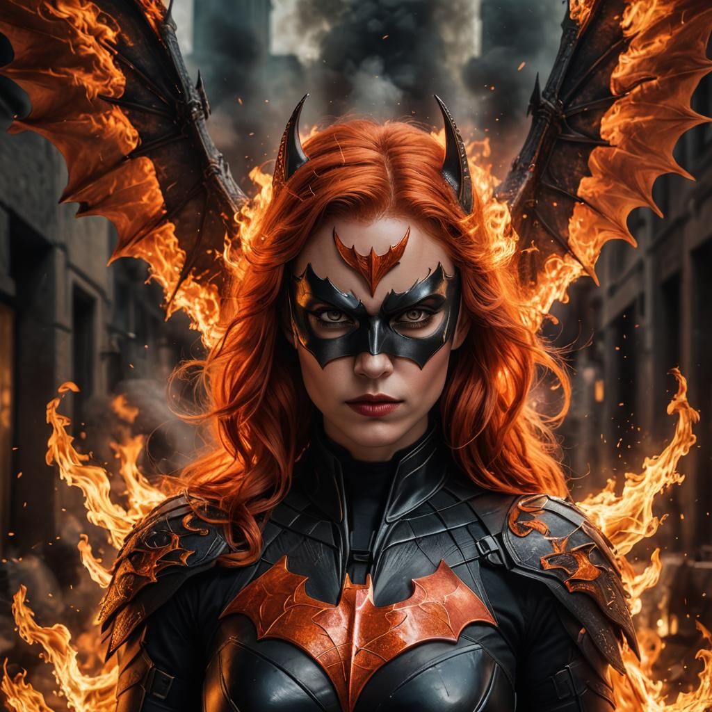 Flaming Batwoman Portrait in Hyperrealistic Style