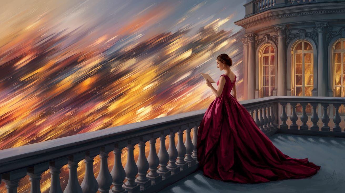 Woman on Balcony with Letter Overlooking City at Twilight