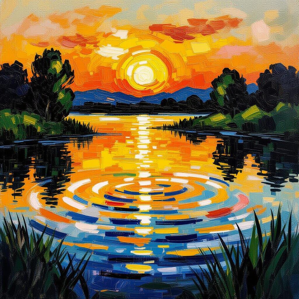Golden Sunset Ripples on Serene Lake